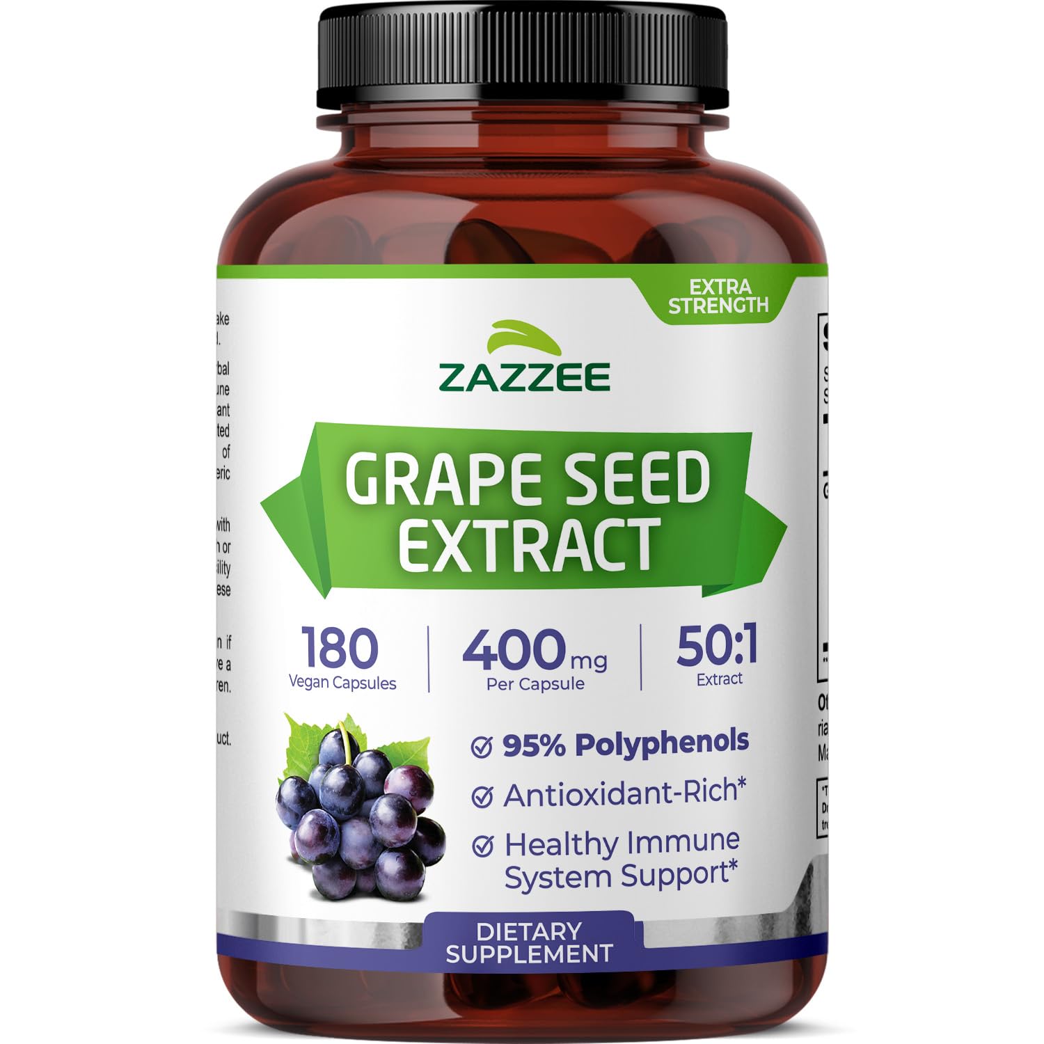 Bottle of Zazzee Grape Seed 50:1 Extract with 180 vegan capsules, indicating 6-month supply