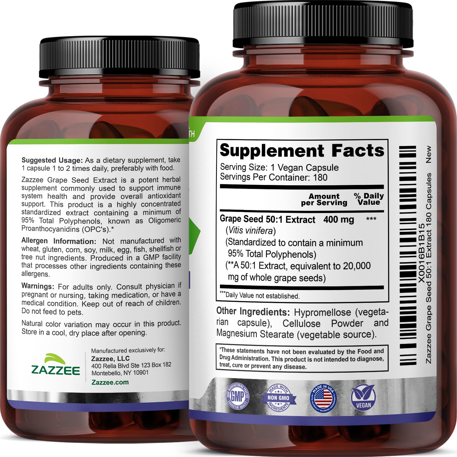 Non-GMO designation on Zazzee Grape Seed Extract packaging