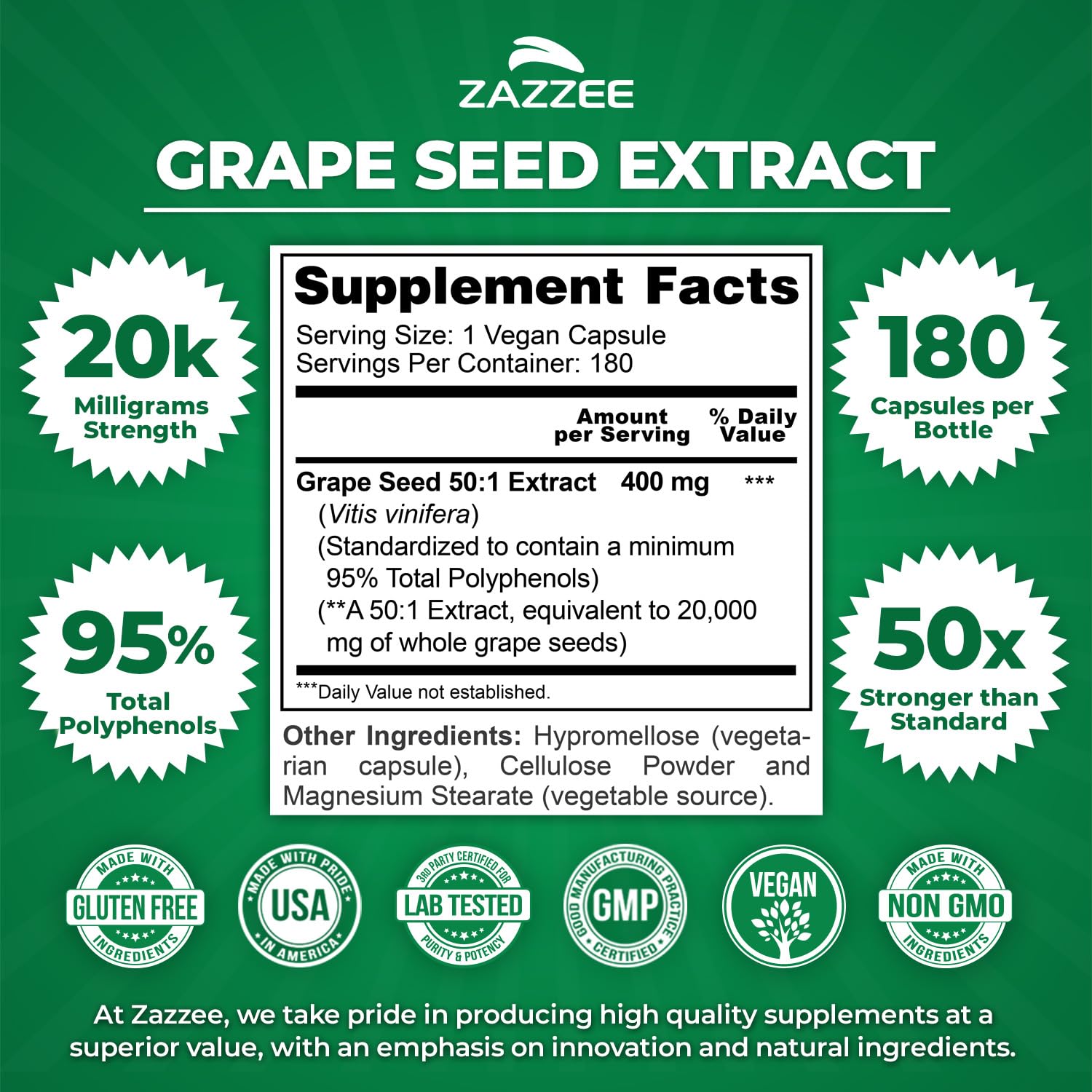 Zazzee Grape Seed 50:1 Extract bottle labeled Made in USA