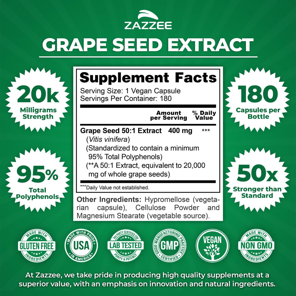 Zazzee Grape Seed 50:1 Extract bottle labeled Made in USA