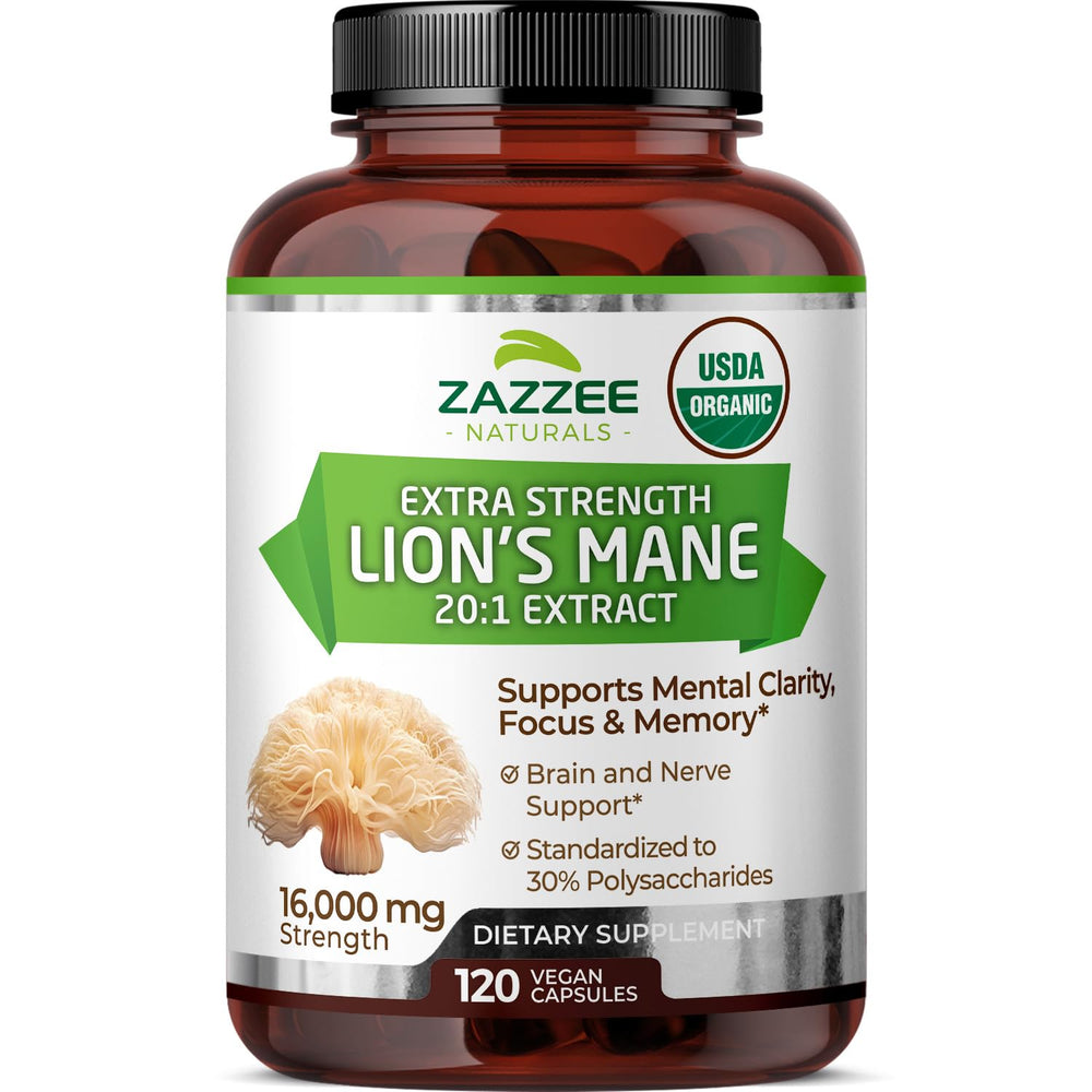 Zazzee Lion's Mane Organic 20:1 extract bottle with 120 vegan capsules