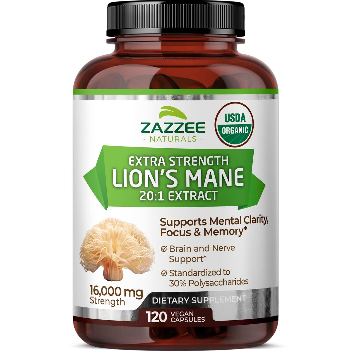 Zazzee Lion's Mane Organic 20:1 extract bottle with 120 vegan capsules