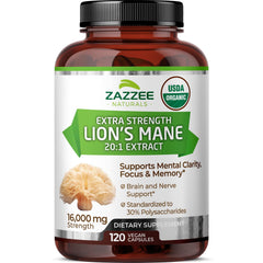 Zazzee Lion's Mane Organic 20:1 extract bottle with 120 vegan capsules
