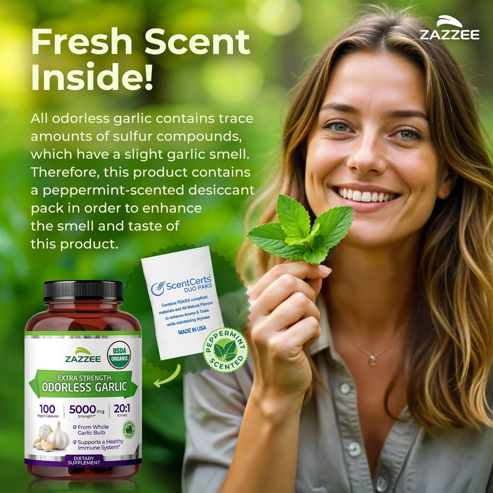 Garlic supplement box and bottle with vegan and non-GMO icons