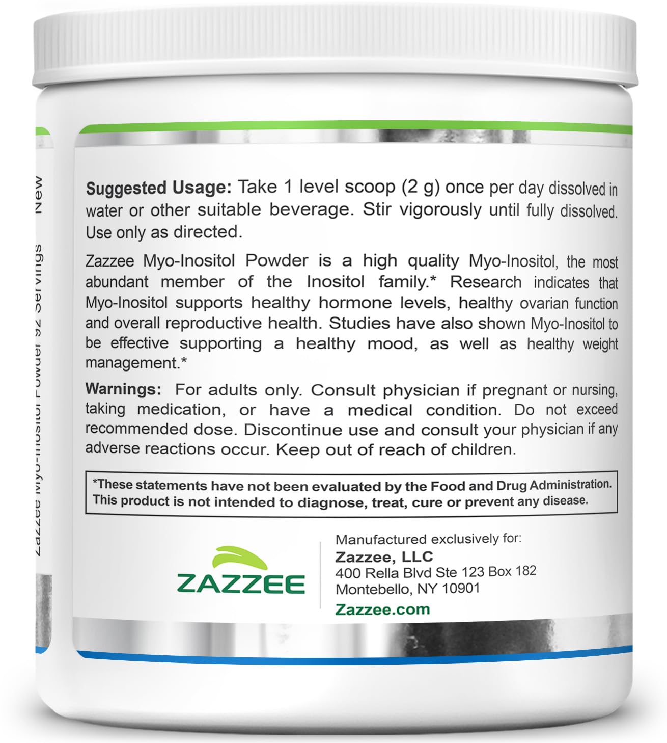 Zazzee open container with scoop inside showing ready-to-use, exact dosing