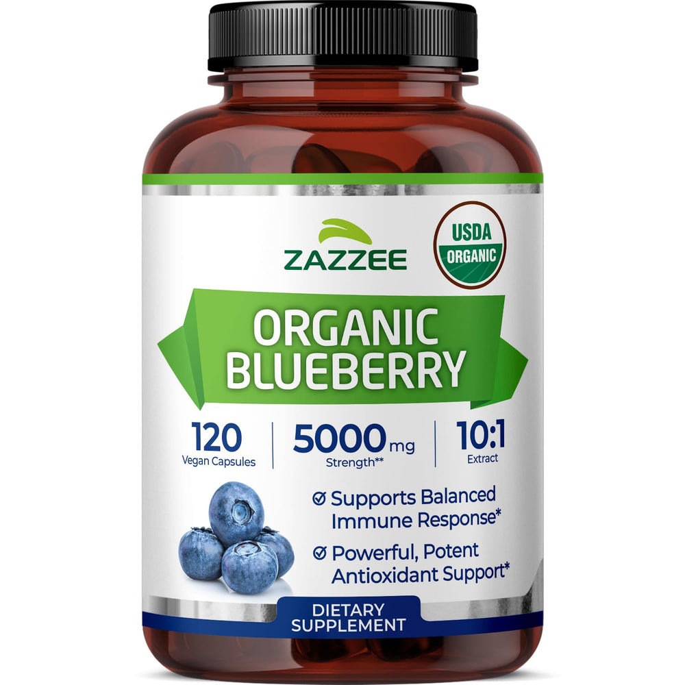 Front view of Zazzee Organic Blueberry Extract bottle with 120 vegan capsules