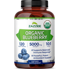 Front view of Zazzee Organic Blueberry Extract bottle with 120 vegan capsules