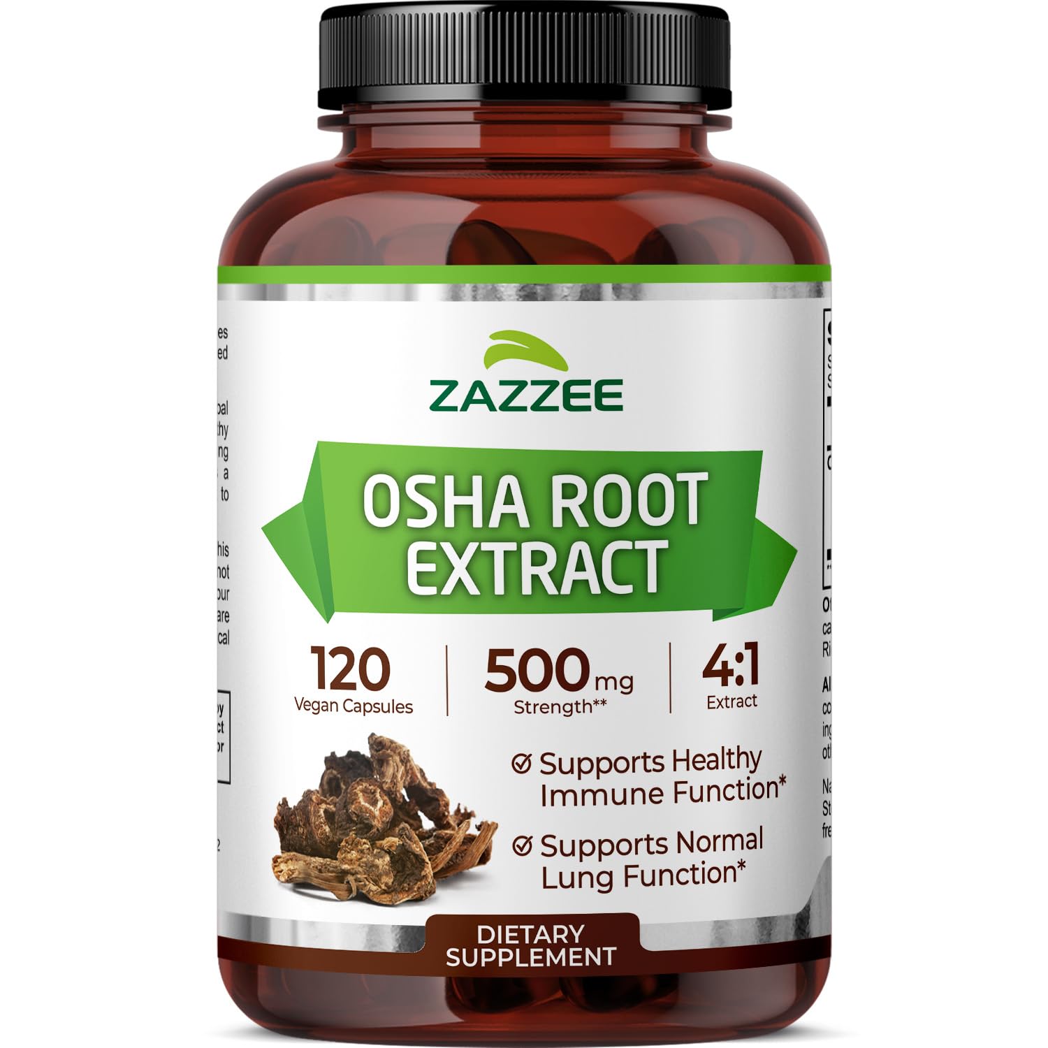 Bottle of Zazzee OSHA Root 4:1 Extract with 120 vegan capsules