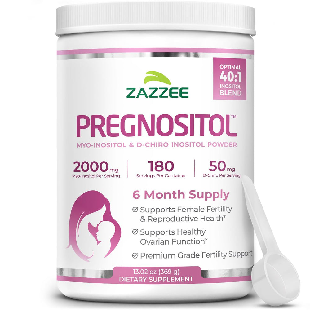 Zazzee PREGNOSITOL Powder bottle showing 6-month supply and 183 servings