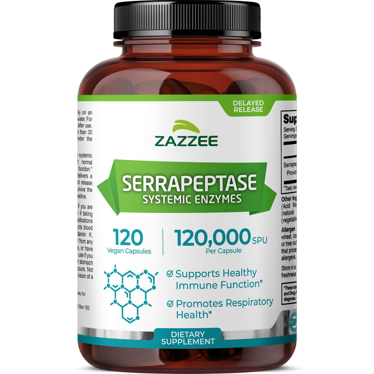 Front view of Zazzee Serrapeptase delayed-release bottle