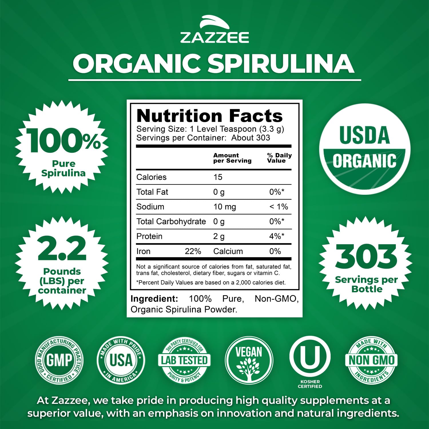 Spirulina powder in a 2.2 lb (1 kg) container