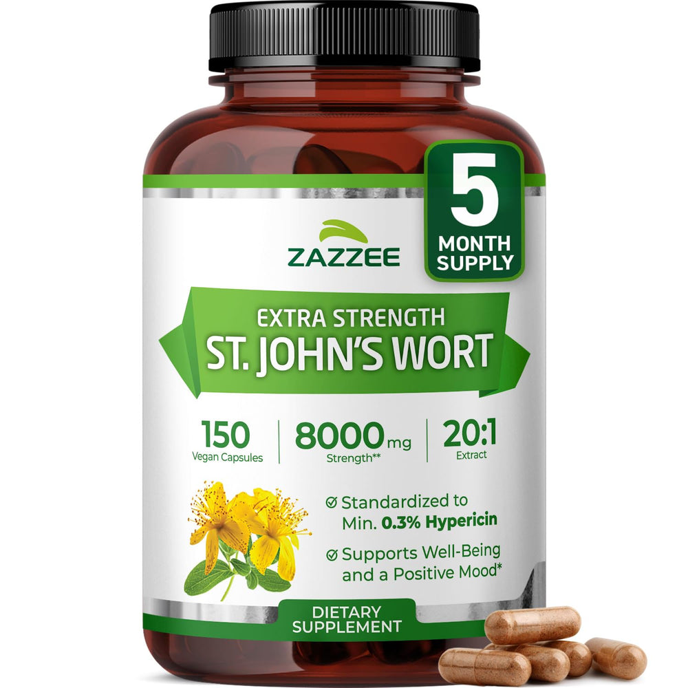 Front view of Zazzee St. John’s Wort 8000 mg 20:1 extract capsule
