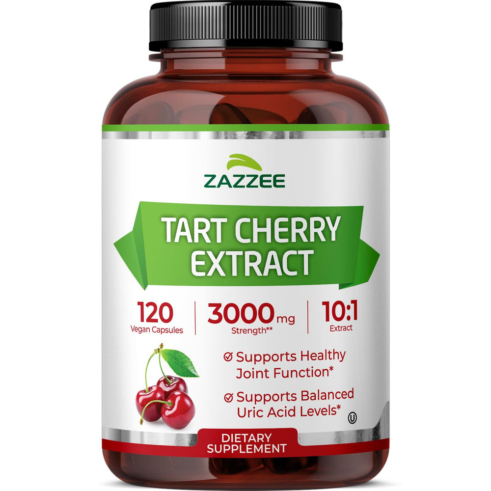 Zazzee Tart Cherry 10:1 Extract bottle on display with 4-month supply