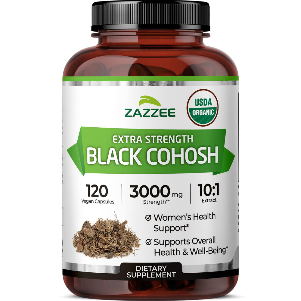 Bottle of Zazzee USDA Organic Black Cohosh 10:1 extract - 3000 mg per capsule, 120 capsules