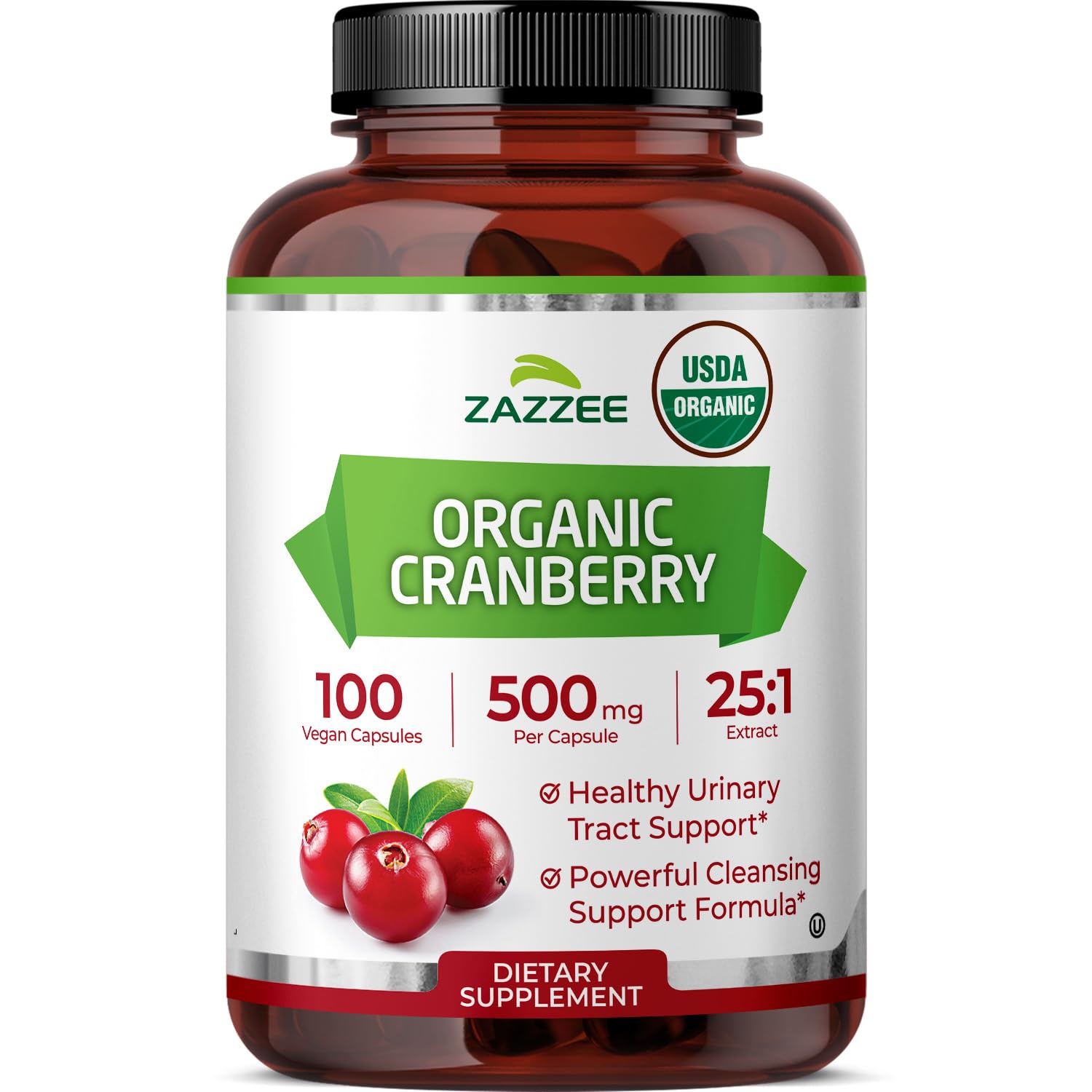 Zazzee USDA Organic Cranberry bottle label with 25:1 extract