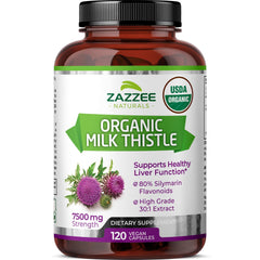 Bottle of Zazzee USDA Organic Milk Thistle with 7500 mg strength and 120 capsules