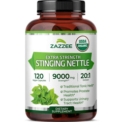 Bottle of Zazzee USDA Organic Stinging Nettle Extract 20:1, 9000 mg per capsule, 120 vegan capsules