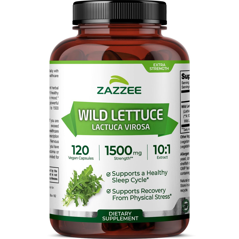 Bottle of Zazzee Wild Lettuce 10:1 extract with 1500 mg per capsule and 120 capsules