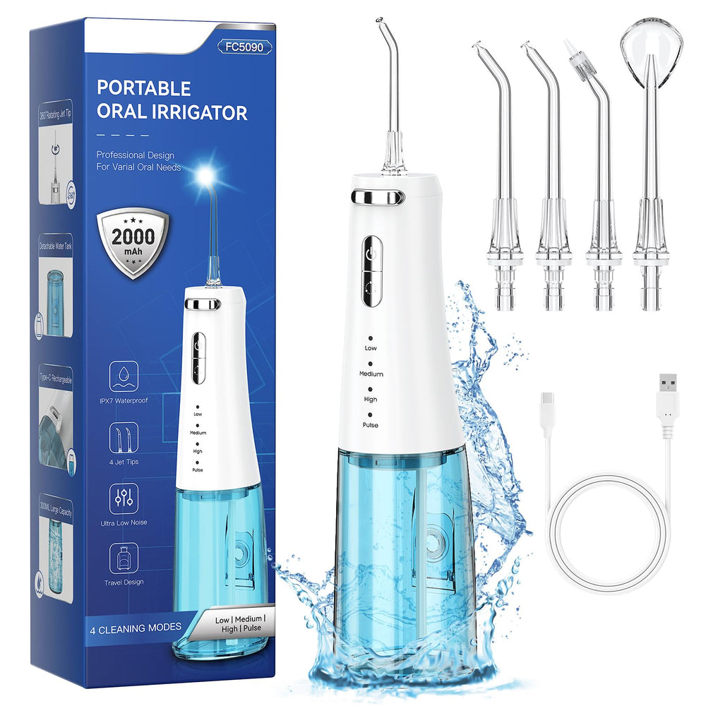 Front view of ZDMATHE Travel-Ready 300ML cordless water flosser in blue and white