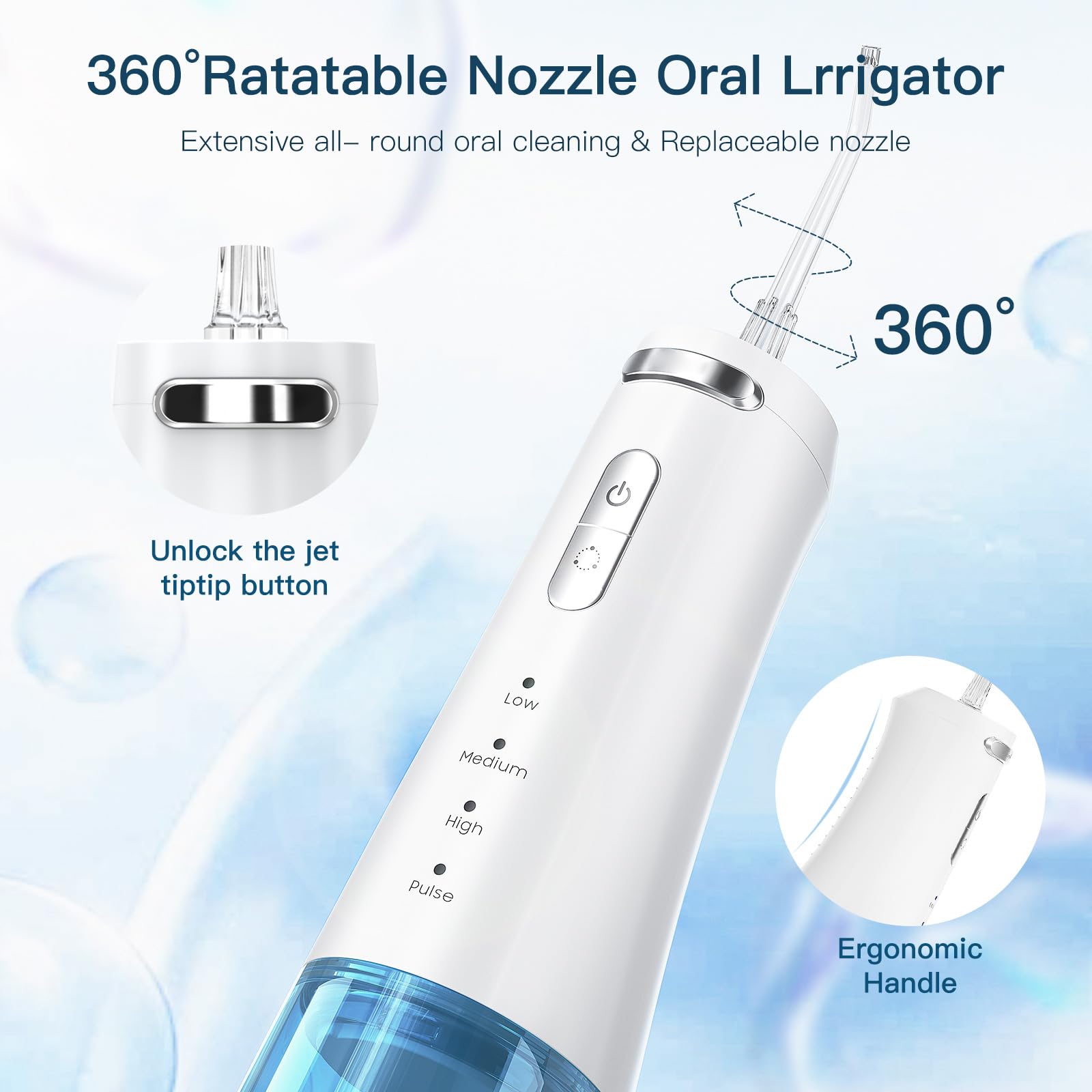 Includes four replacement heads: two standard jet tips, periodontal tip, and tongue cleaner