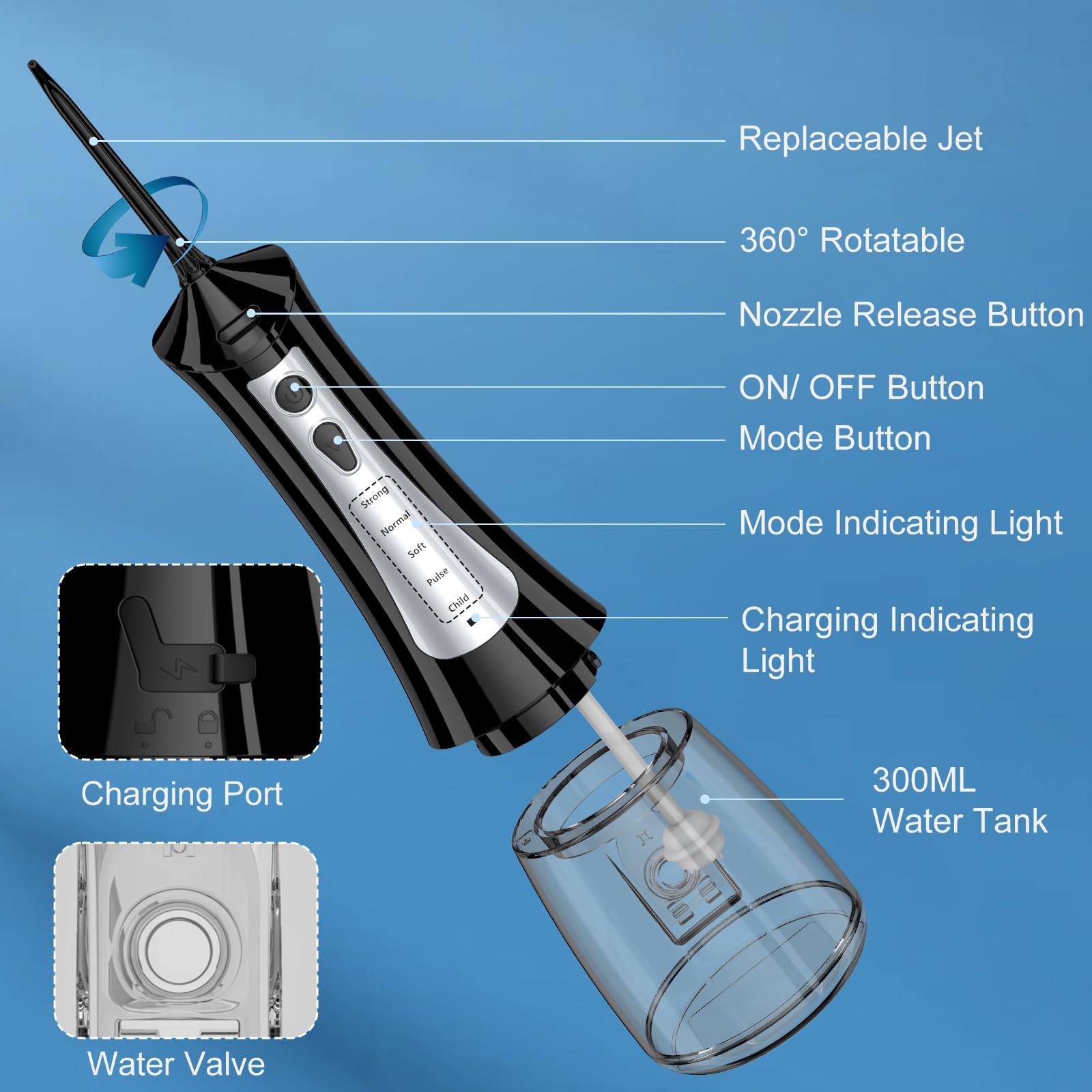 300mL water tank with USB-C charging cord