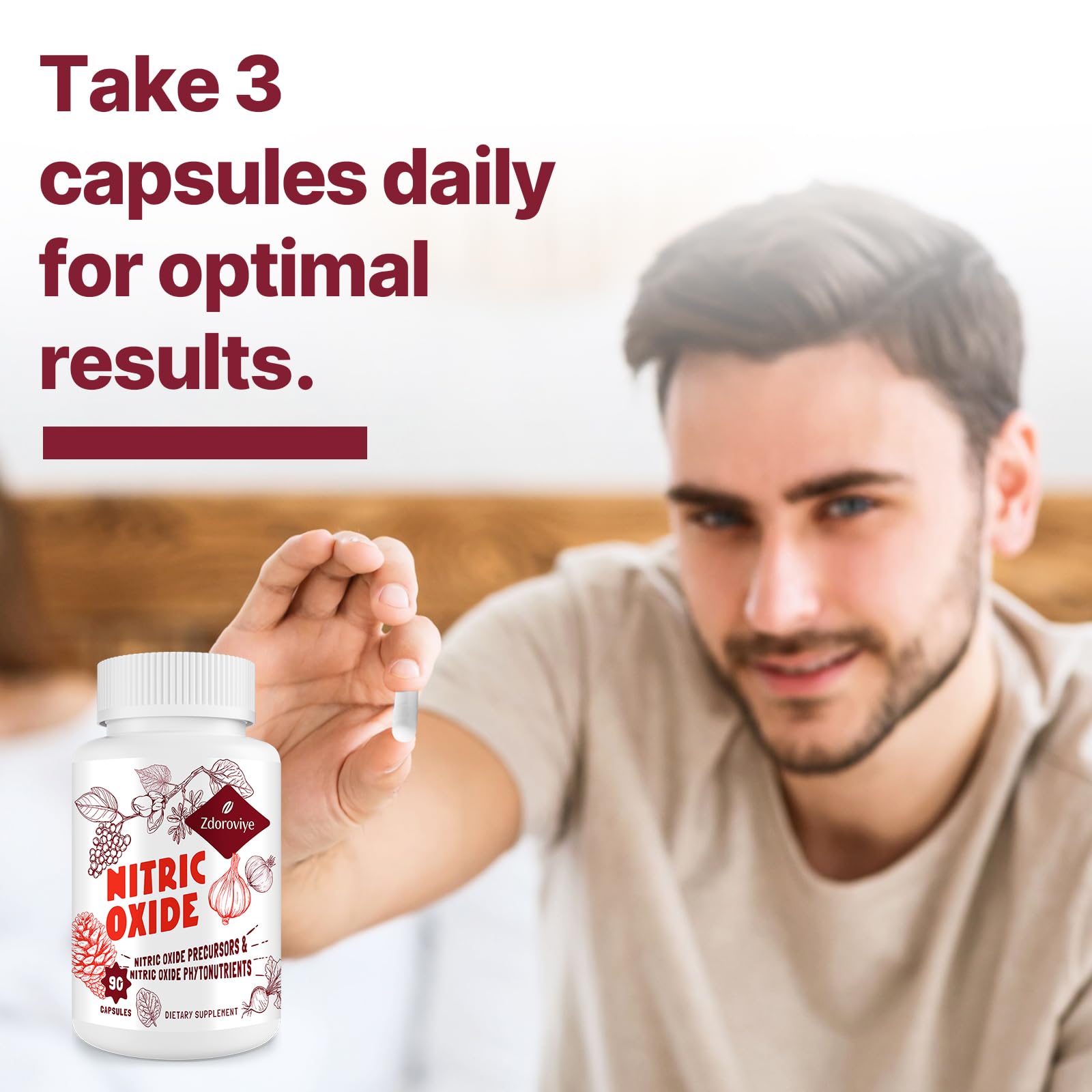 Zdoroviye Nitric Oxide capsules ready for men's daily routine.