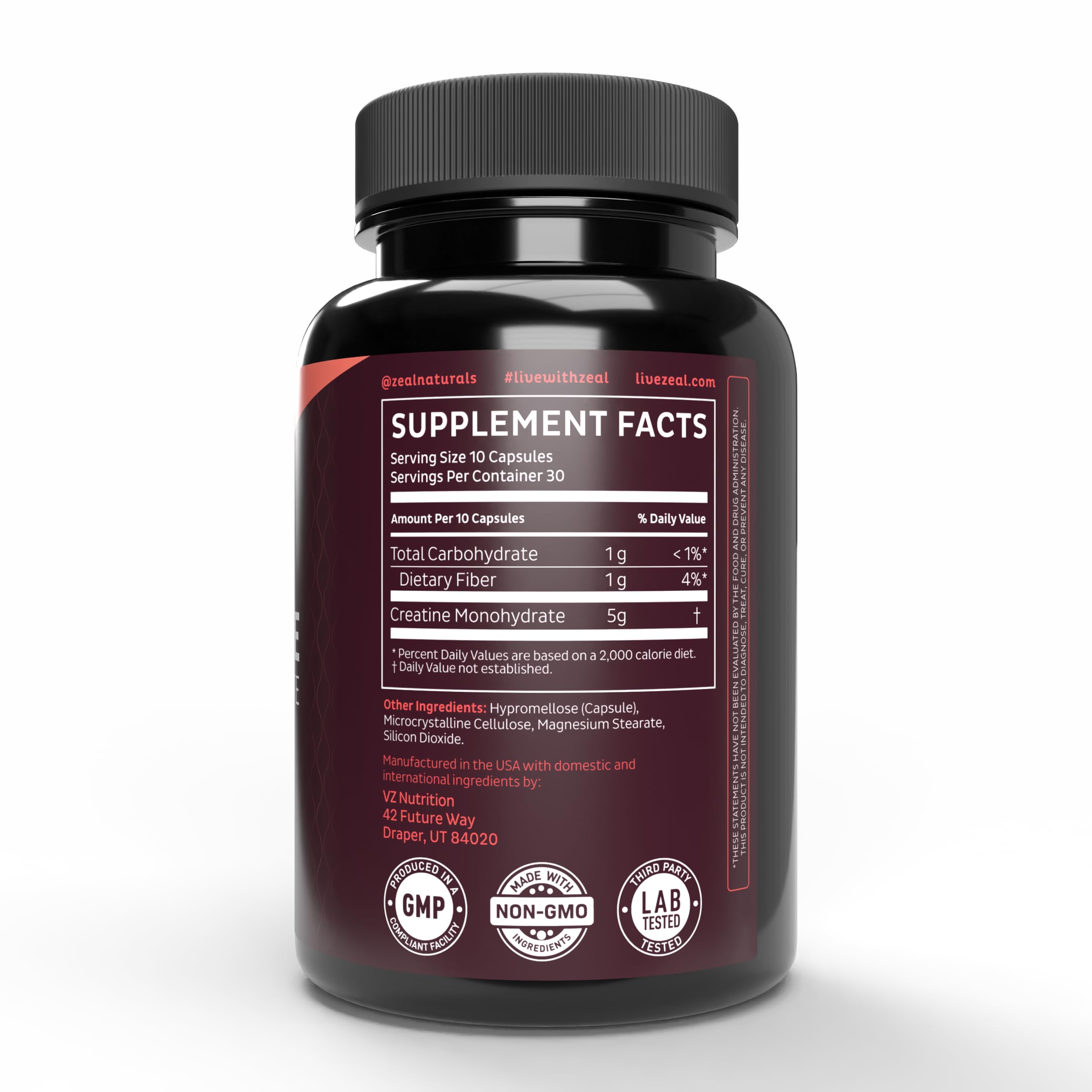 Close-up of Zeal Creatine Monohydrate capsules