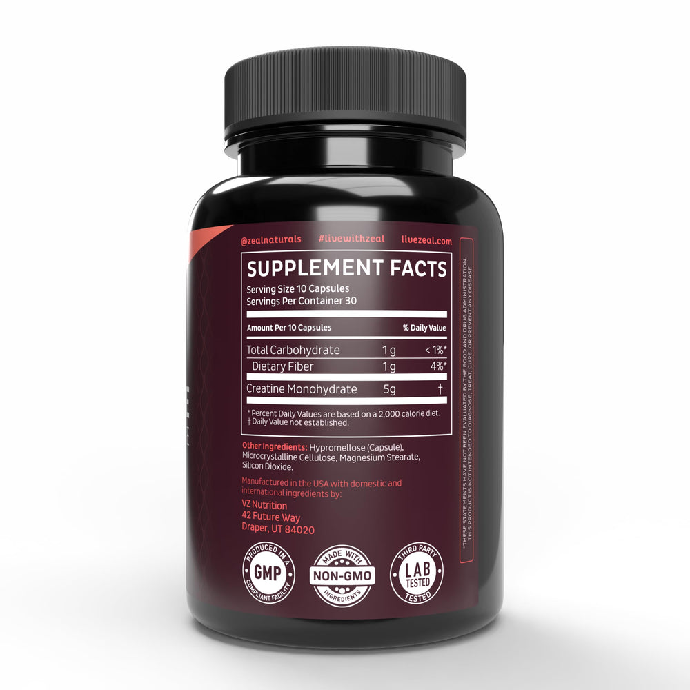 Close-up of Zeal Creatine Monohydrate capsules