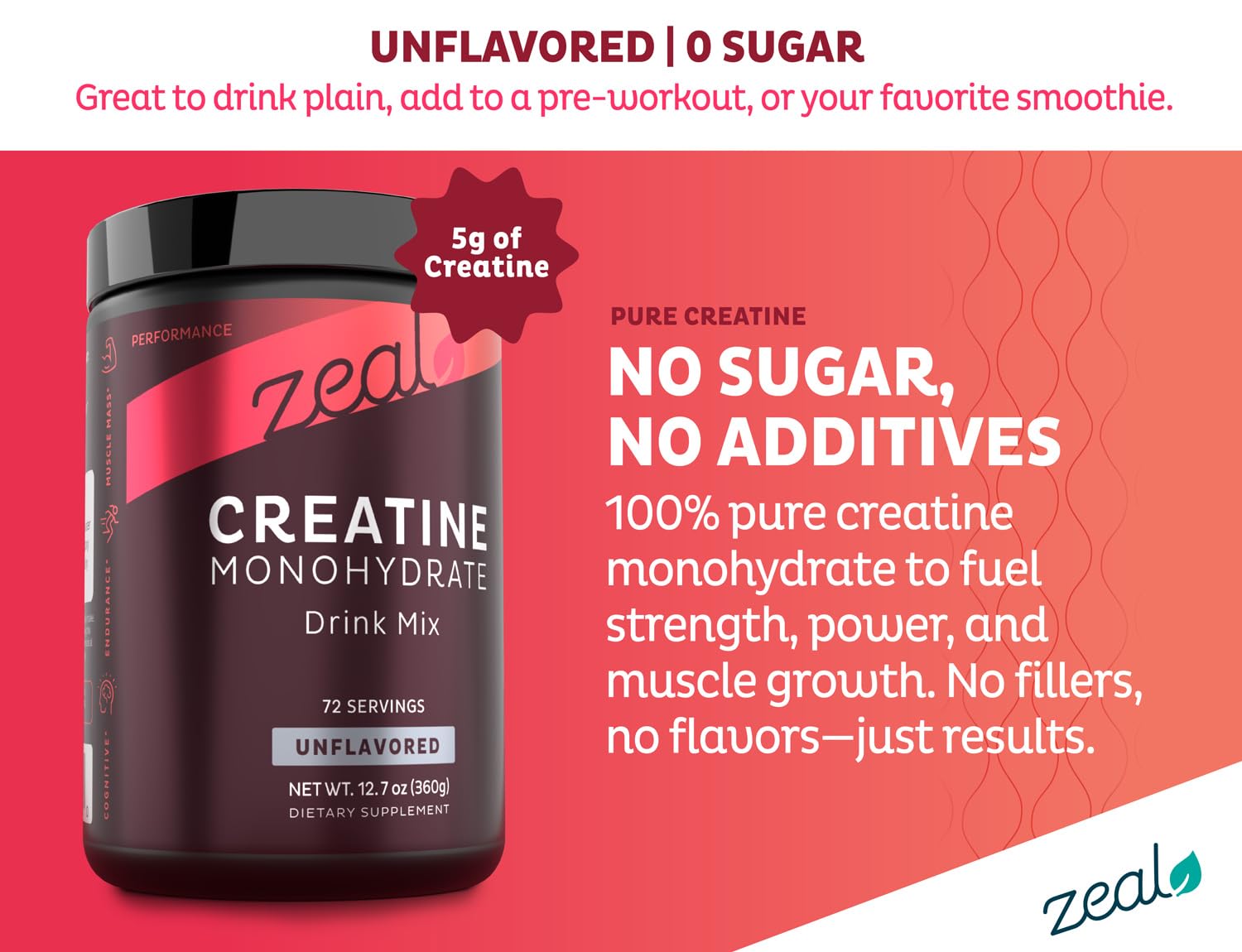 Creatine Monohydrate Unflavored powder jar with scoop