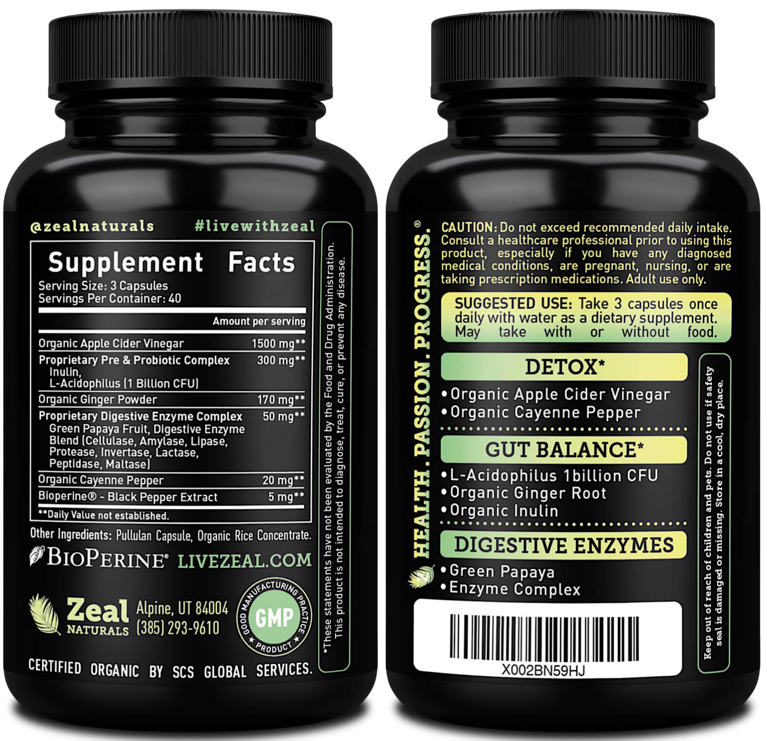 Zeal Naturals Apple Cider Vinegar Capsules closeup highlighting 1500mg formula for gut support.