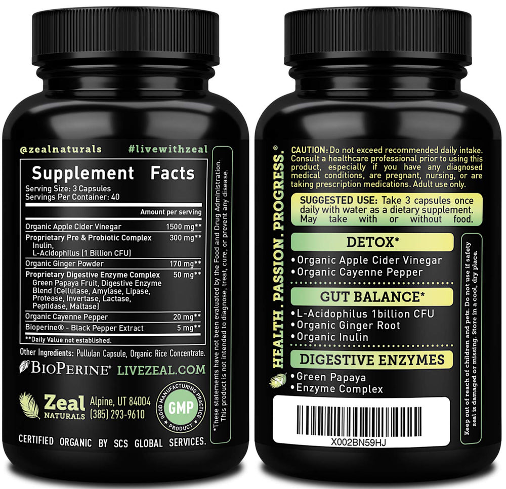 Zeal Naturals Apple Cider Vinegar Capsules closeup highlighting 1500mg formula for gut support.