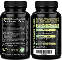 Zeal Naturals Apple Cider Vinegar Capsules closeup highlighting 1500mg formula for gut support.