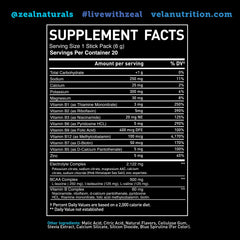 Zeal Naturals enhanced electrolyte blue raspberry stick packet back nutrition panel highlights BCAAs and vitamins.