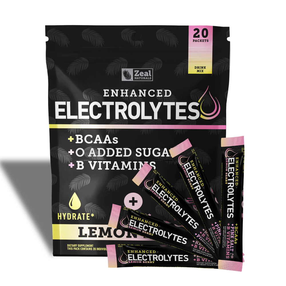 Zeal Naturals enhanced electrolyte stick-packs lemon berry for quick hydration on-the-go.