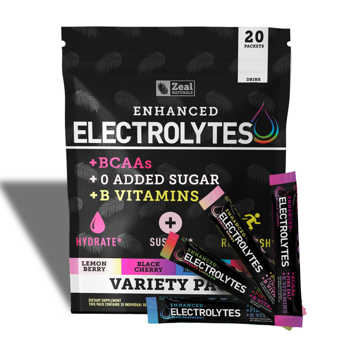 Zeal Naturals variety pack front showcases four keto-friendly electrolyte flavors for on-the-go hydration