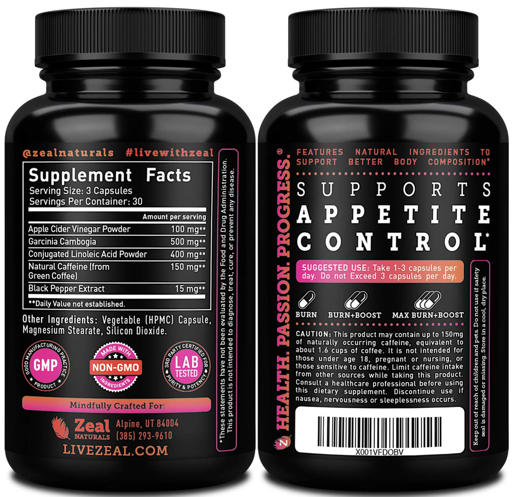 Zeal Naturals Garcinia Cambogia diet pills displayed for appetite-aware routines.