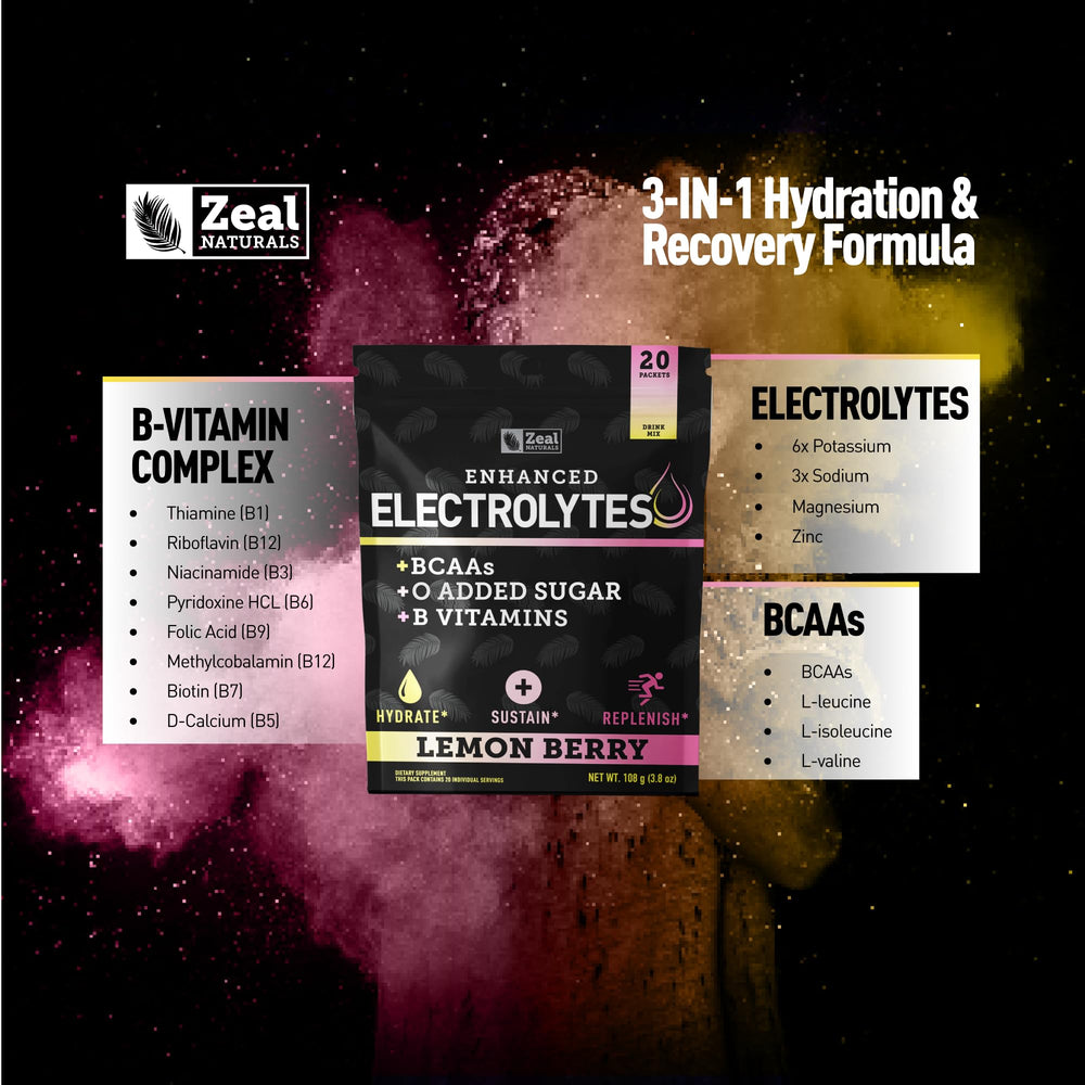 Zeal Naturals on-the-go hydration sticks shown with active lifestyle user.