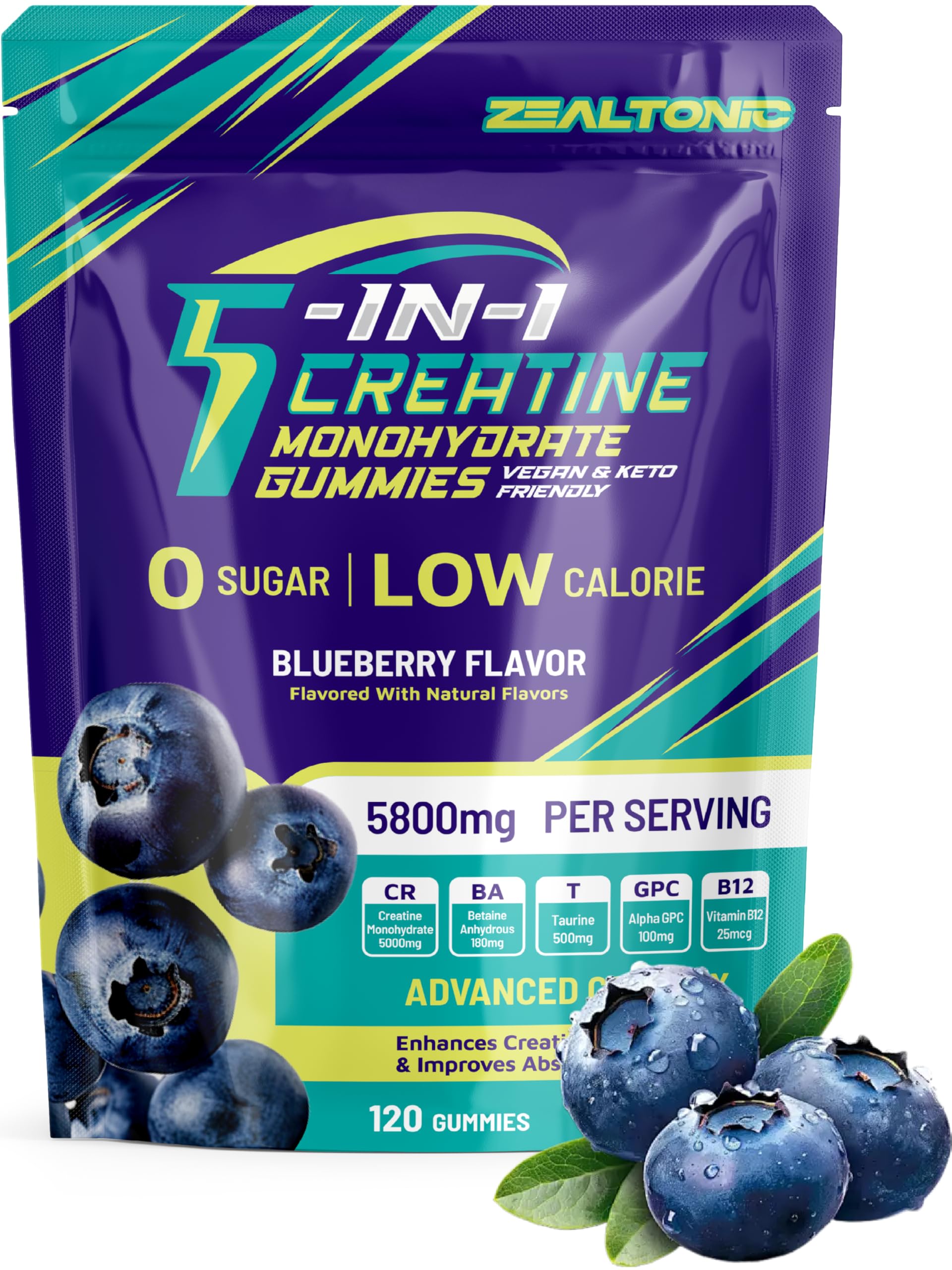 Front view of Zealtonic Creatine Monohydrate Gummies Blueberry bottle (120 gummies).