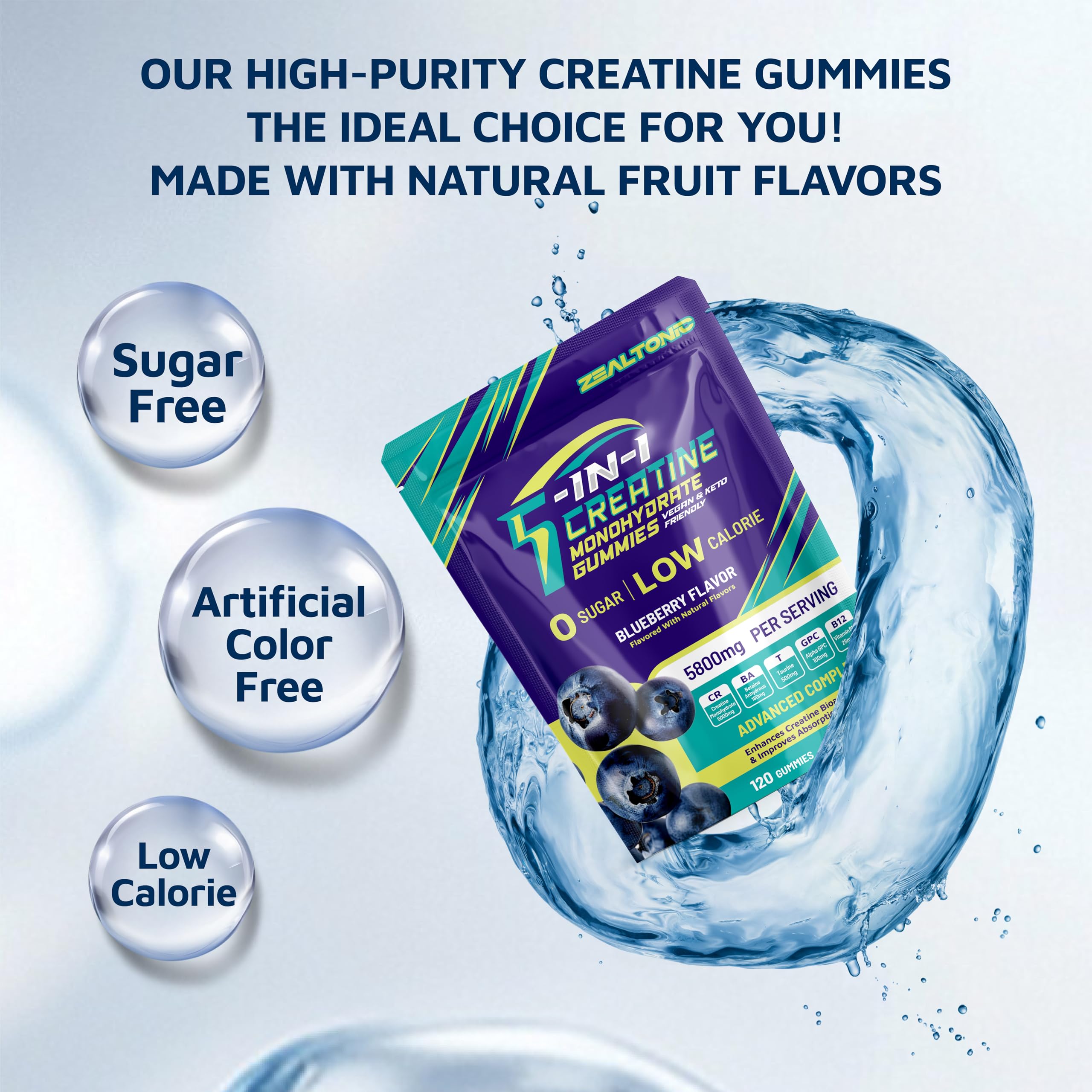 Serving size of three gummies showing 5g creatine per serving.