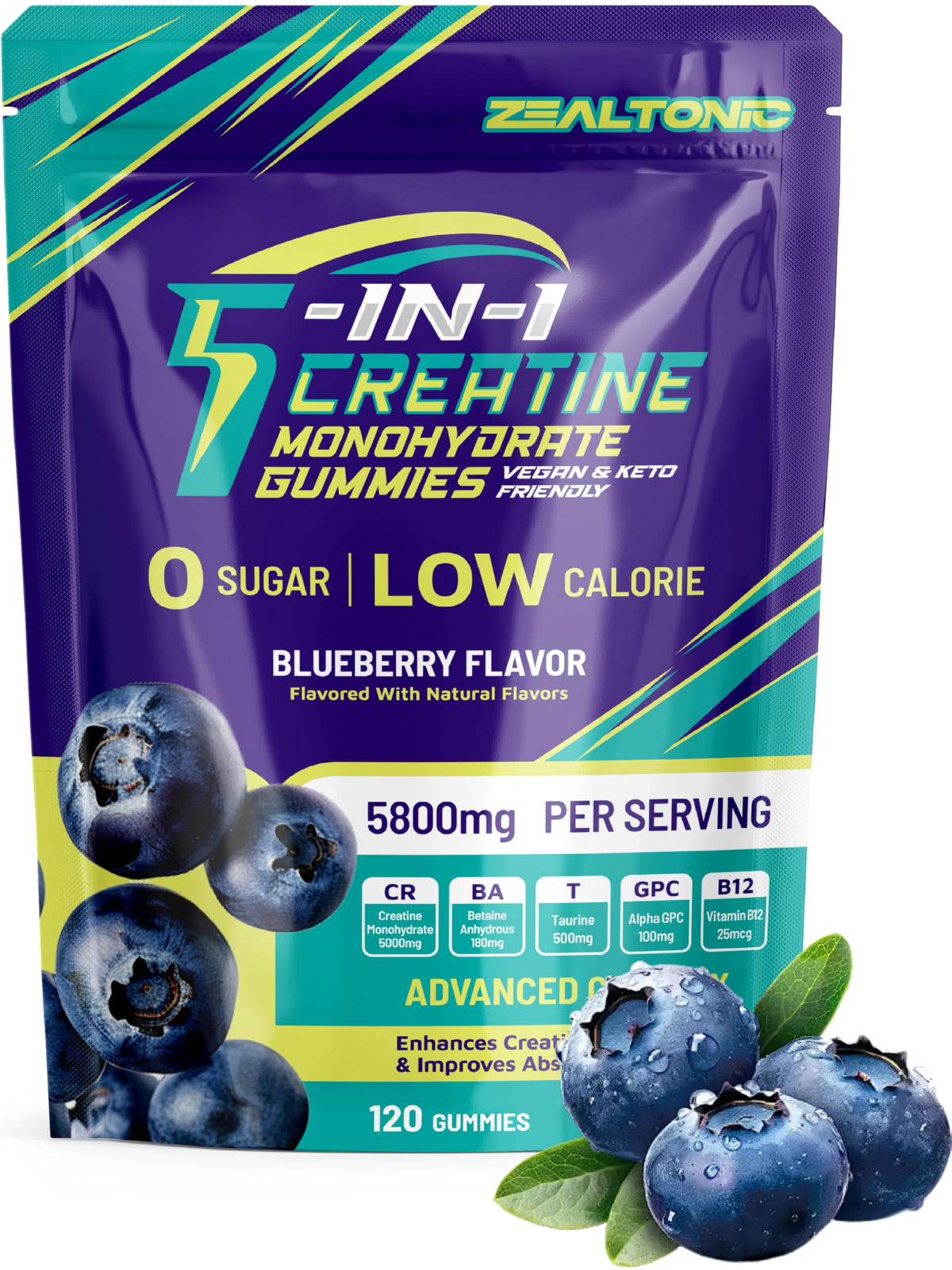 Front view of Zealtonic Creatine Monohydrate Gummies Blueberry 120 count