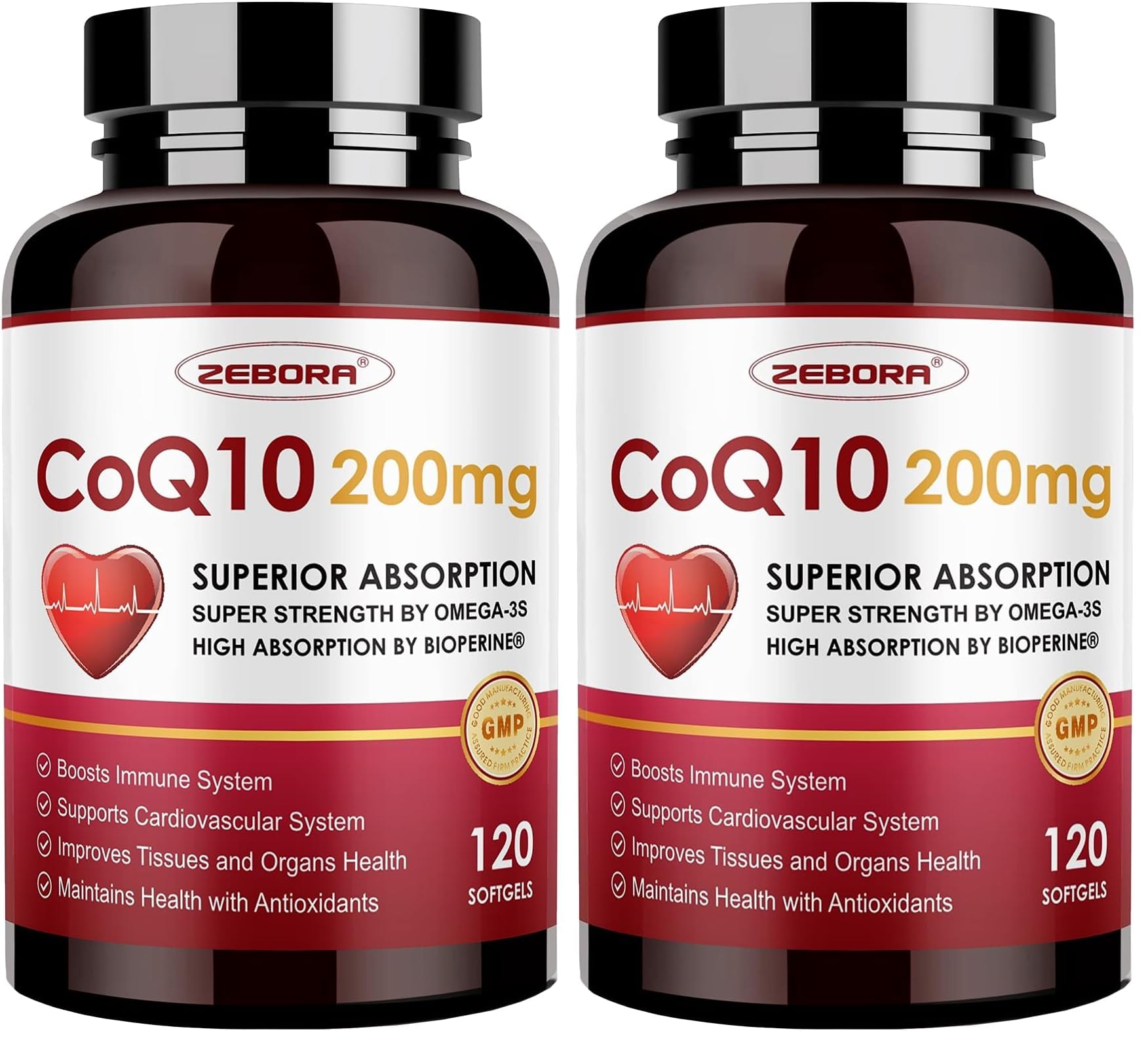 Product shot of ZEBORA CoQ10 200mg softgels with PQQ and Omega-3 in pack 2
