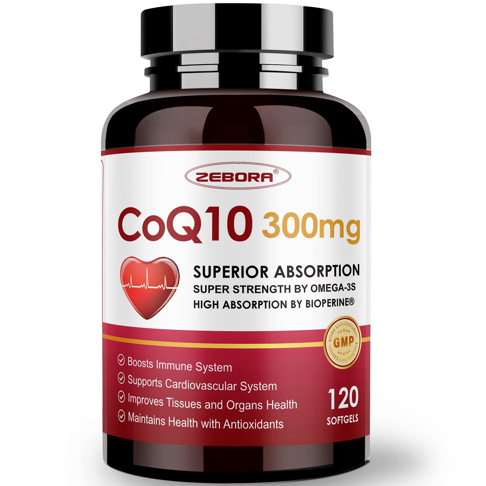 ZEBORA CoQ10-300mg softgels bottle labeled with PQQ and omega-3 ingredients