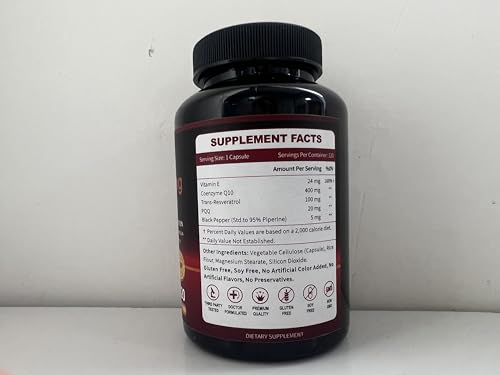 Label highlighting Trans-Resveratrol, PQQ, and Vitamin E