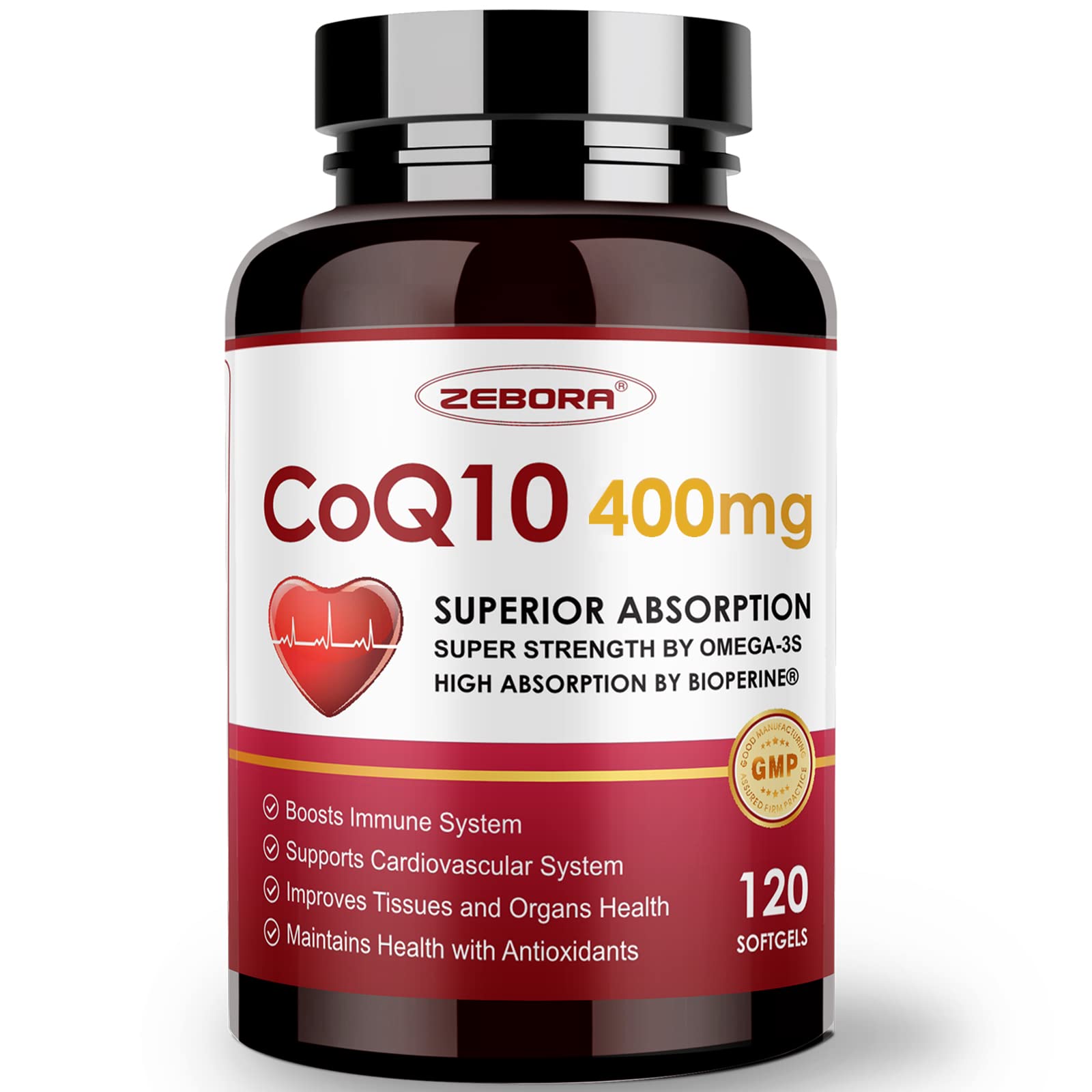 ZEBORA CoQ10-400mg Softgels with PQQ, Bioperine and Omega-3 – bottle