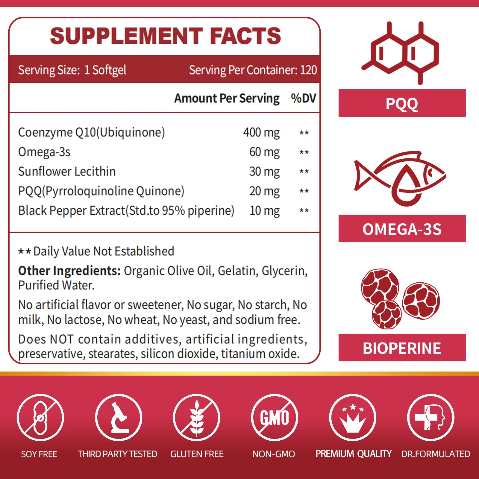 Close-up of CoQ10-400mg Softgels with PQQ and Omega-3
