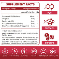 Close-up of CoQ10-400mg Softgels with PQQ and Omega-3
