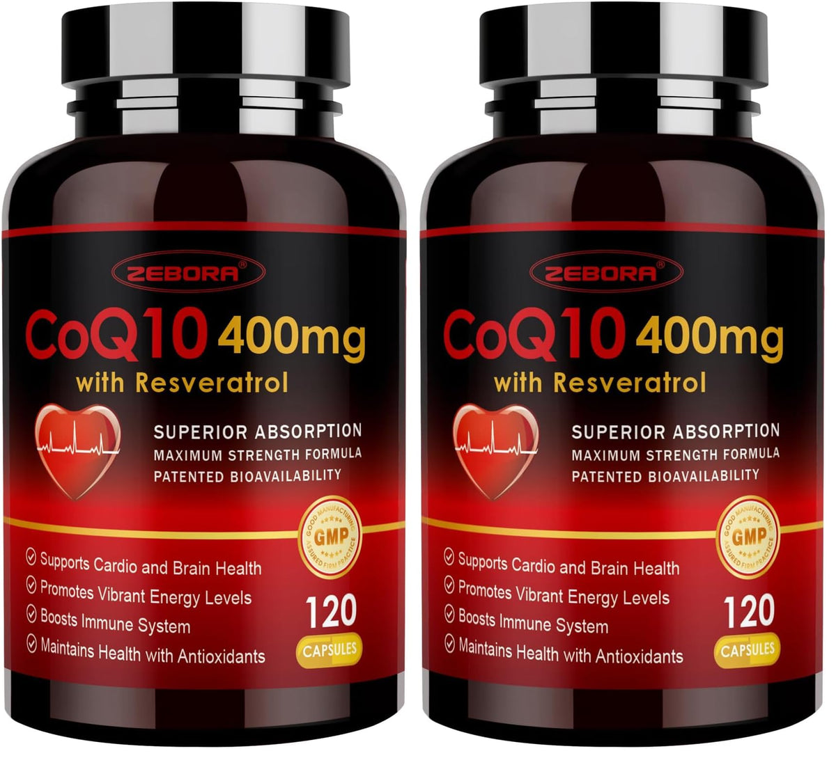 ZEBORA CoQ10 400mg with Trans-Resveratrol, PQQ & Vitamin E bottle label