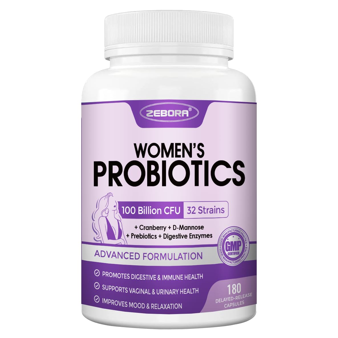 ZEBORA Probiotics for Women bottle with 180 veggie capsules