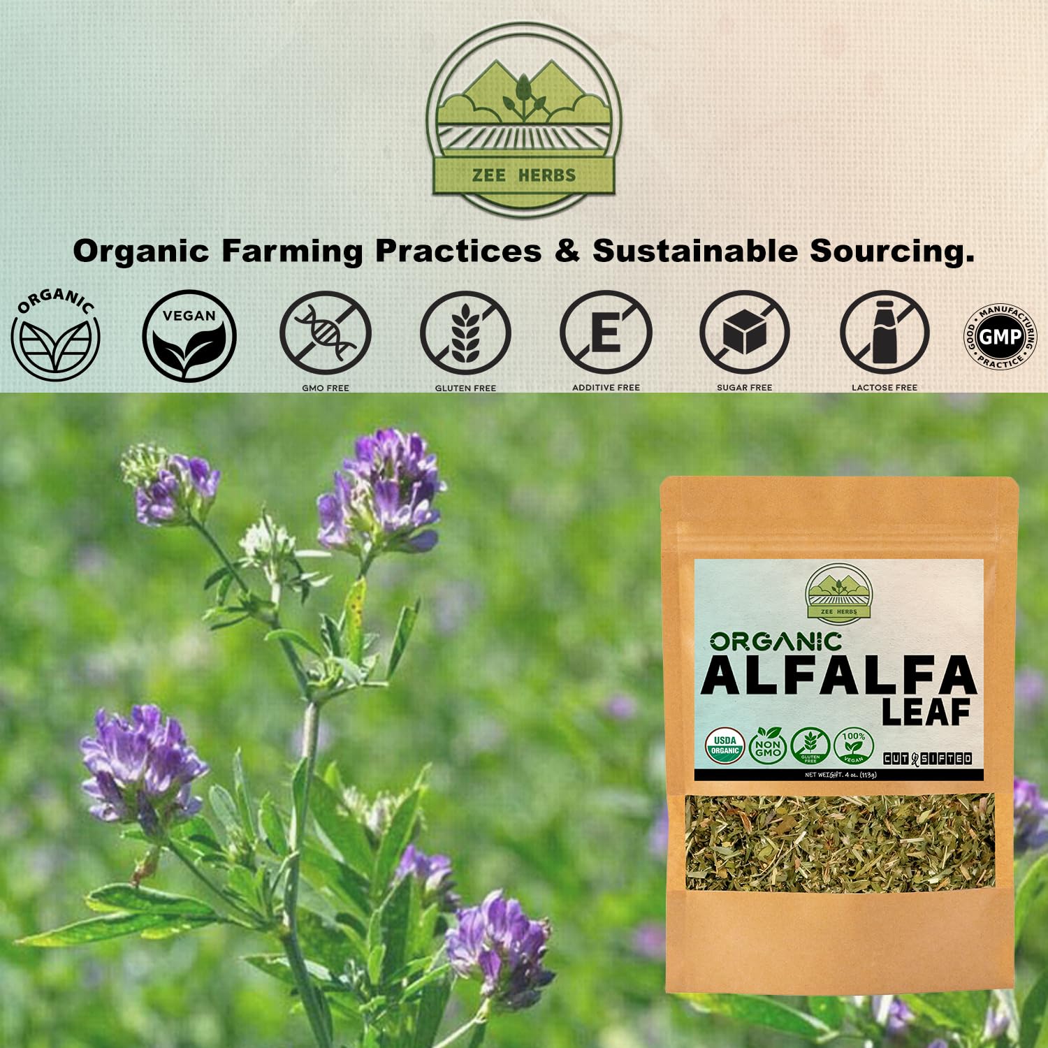 Product shot of ZeeHERBS Organic Alfalfa Leaf 4 oz pack