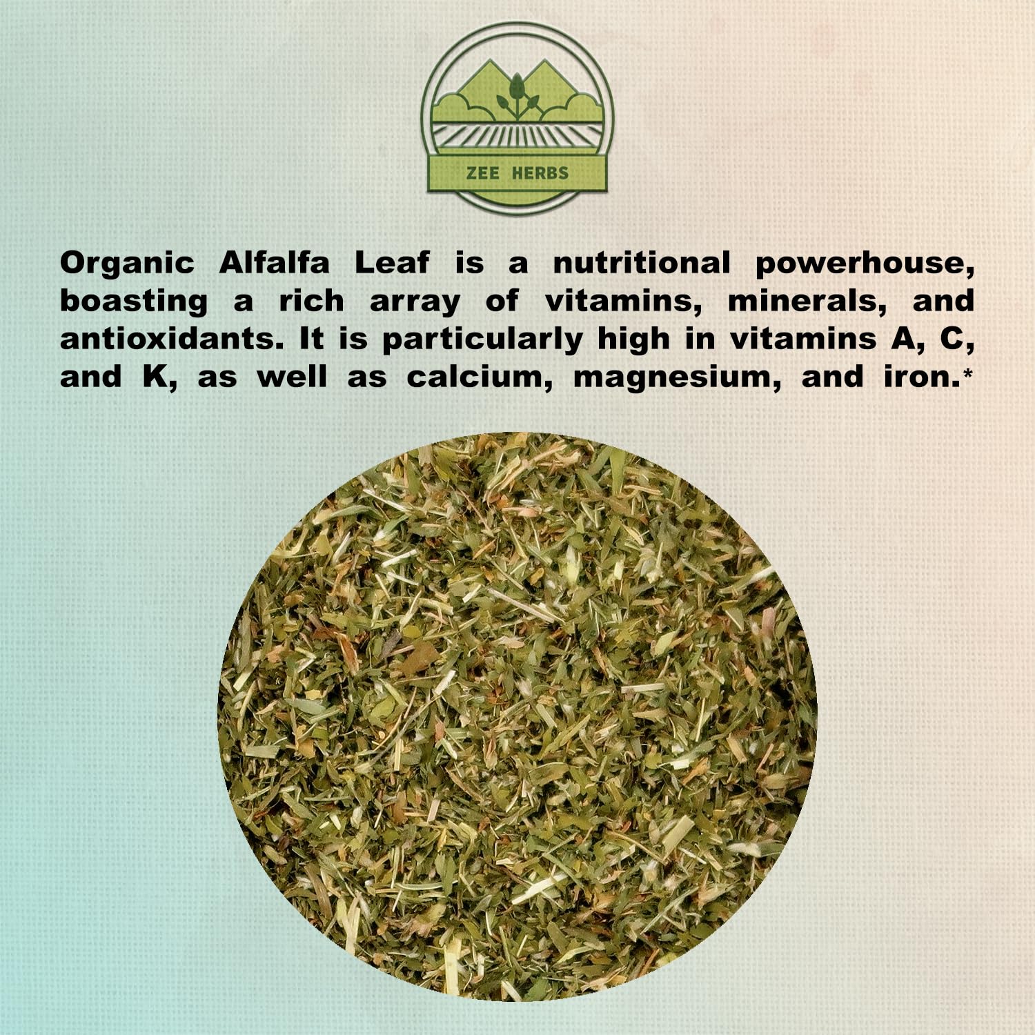 USDA Organic seal on ZeeHERBS Alfalfa Leaf packaging